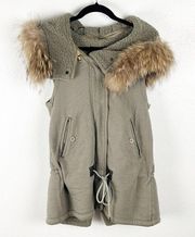 THEORY Green Full Zipper Button Closure Faux Fur Lined Detachable Hoodie Vest