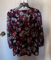 NWOT ATTENTION Gorgeous Floral Peplum Blouse Red, Pink, Blue, Black & White L