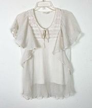 Mudd Ivory White Flutter Sleeve Tie Front Peasant Blouse Size L