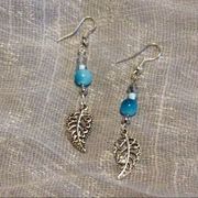 Gypsy 05 🌺 New Blue beads metal leaf dangle earrings