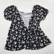 Socialite Curve Womens Plus Size 3X  V-Neck Puff Short Sleeve Black Floral Top