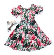 Gabby Skye Floral Fit & Flare Dress Tiered Sleeves White Pink Green Size 14