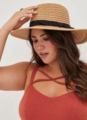 Torrid Natural Straw Panama Hat Wide Brim Ribbon Detail Summer Travel Vacation