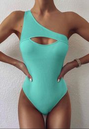 one shoulder cut out ribbed Tiffany blue monokini