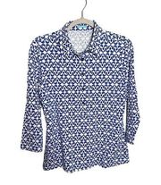 J. McLaughlin Polo Shirt 3/4 Sleeve Top Blue White Geometric Print Size Small