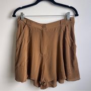 NWOT Anthropologie Elevenses Brown Hanky Hem Hi Rise Silk Crepe Dress Shorts 8