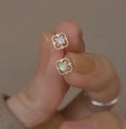 18K Gold Plated Hollow Mini Small Opal Stud Earrings for Women