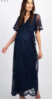 Navy Blue Lace Mesh Overlay Maternity Maxi Dress