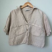 ZARA  Tan Medium Cropped 100% Linen Gauzy Top