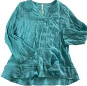 NY Collection Shirt Womens Large Teal Blue V-Neck Floral Lace Long Sleeve Rayon