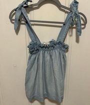 Blue Chambray Denim Ruched Babydoll Bow Tie Tank Top NEW
