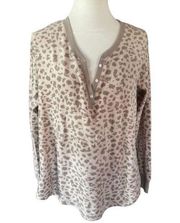 Jaclyn Intimates Womens Pajama Top Button Long Sleeve Leopard Brown Large