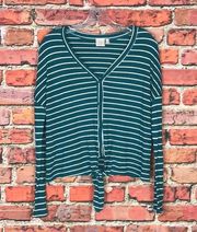 Green and White Striped  Waffle Knit Front Tied Sweater