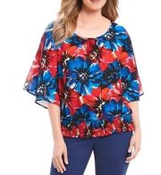 Investments Short Sleeve Banded Blouse Floral Print Red & Blue Size 1X