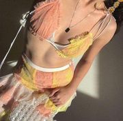 Sorbet Triangle Lace Bra Top Yellow Pink Strappy Small