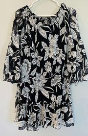 Westport Floral Lace Dress M Off the Shoulder Smocked Navy White L4