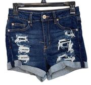 Rue 21 SZ 4 Jean Shorts Distressed Cuffed Hems Dark Wash Stretch Hi-Rise Blue