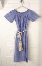 Striped Off The Shoulder Blue Casual Dress w Tassel Tie Belt Size 4