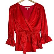 Hutch Womens Red Blouse Faux Wrap Front Puff Sleeve Size Medium