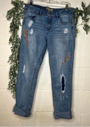 | women distressed light wash denim jeans with patches girlfriend