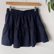 Cisono Navy Ruffle Tiered Linen Mini Skirt