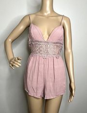 Tobi Pink Crochet Lace Open Back Romper