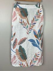 Cynthia Rowley tropical leaf print 100% linen midi skirt pockets size medium