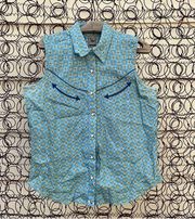 Cruel Girl sleeveless blue floral Geometric pearl snap cowgirl western shirt