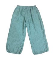 FLAX Linen Cropped Pull On Elastic High Waist Lagenlook Pants Blue Green Size M