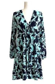 Honeyme Dress Light Blue Navy Floral Print Boho V-Neck Long Sleeve Tiered Small