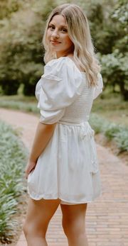 White Pleated Puff Sleeve Overwrap Romper