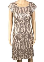 SUE WONG Champagne sequined square neck sheath dress with stretch. Size 6. EUC