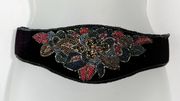 Vintage 1980s Handmade Black Velvet Seed Bead Floral Cummerbund Style Belt 33”