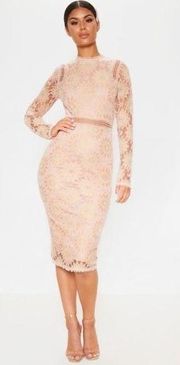 Pretty Little Thing  Caris Dusty Pink Long Sleeve Lace Bodycon Dress Size 6