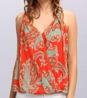 KUT FROM THE KLOTH Orange Blue Paisley Surplice Faux Wrap Sleeveless Tank Blouse