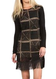 Willow & Clay Black Genuine Suede Blend Bohemian Crochet Knit Dress Fringe Trim