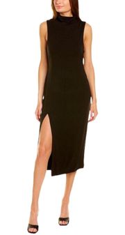 Dress Mock Neck Plaited Sleeve Rib Midi Dress Stretch Bodycon NWOT