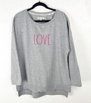 RAE DUNN Gray “Love” Graphic Long Sleeves Side Splits Sweatshirt, Size Large