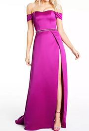 NEW Glamour Terani Couture Pink Fuchsia Off The Shoulder Beaded Gown