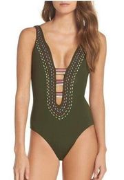 BECCA Womens Size Small Green Quest One Piece Plunge Swimwear Swimsuit