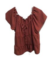 Olive & oak ruffles layered tie front mauve rust blouse top womens Large L