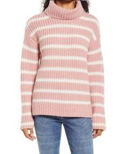 NWT Caslon Striped Sweater Shaker Stitch Turtleneck Pink & Ivory Women’s Size XL