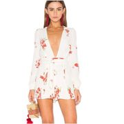 Privacy Please White Floral Print Long Sleeve Deep V-Neck Romper - Small