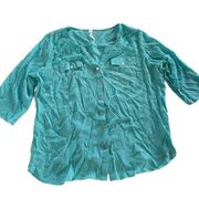 NY Collection Shirt Womens Large Blue Button Up Lace Pocket Detail Flowy Rayon
