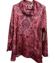 NEW One World Blouse Size 2X Cowlneck Floral Beaded Polyester Spandex Pink Red