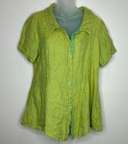 FLAX 100% Linen Green Button Up size Small Shirt top Boho Lagenlook Casual