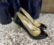 Miu Miu Black Patent Leather Stiletto Peep toe Gold Heel Pump 37 /US 7 EUC