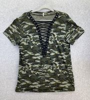 Emma & Sam Women's Blouse Plunge Size Medium Camouflage Short Sleeve USA Made