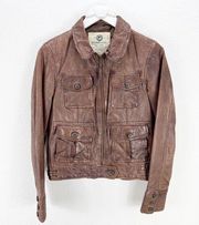 Lucky Brand Brown Leather Bomber Jacket Zip Size Medium M