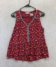 Patrons of Peace Women's Blouse Sleeveless Red Floral Size Small V Neck Trapeze